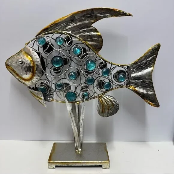 Fish Metallic Glass Statue Figure Metal Abstract 16 ½” Tall & Wide - Picture 1 of 8
